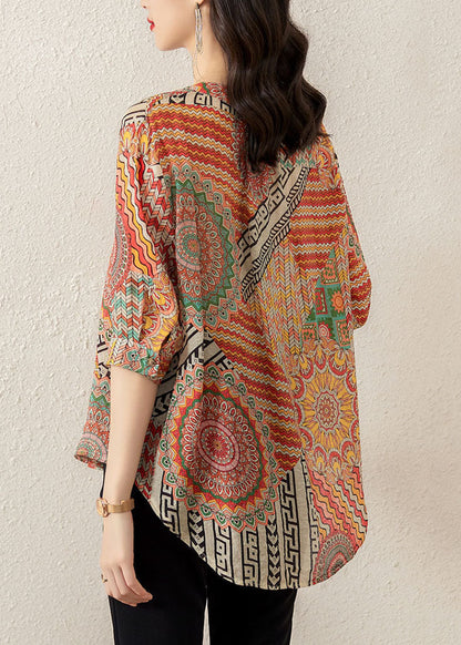 Orange V Neck Print Patchwork Chiffon T Shirt Tops Summer