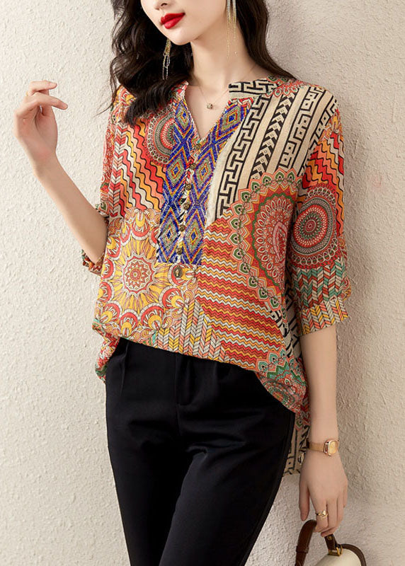 Orange V Neck Print Patchwork Chiffon T Shirt Tops Summer
