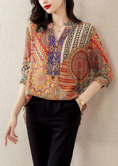 Orange V Neck Print Patchwork Chiffon T Shirt Tops Summer