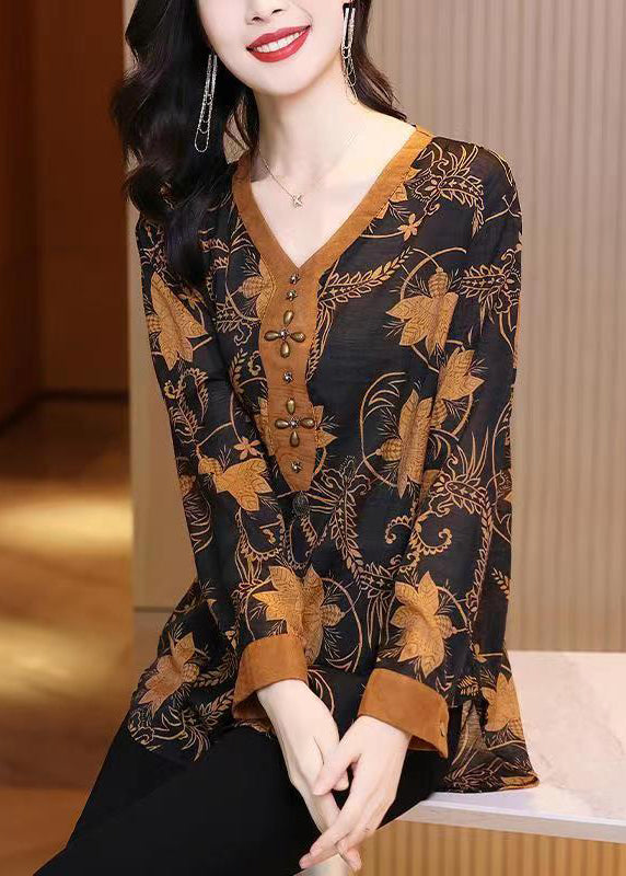 Orange V Neck Print Patchwork Cotton Top Fall