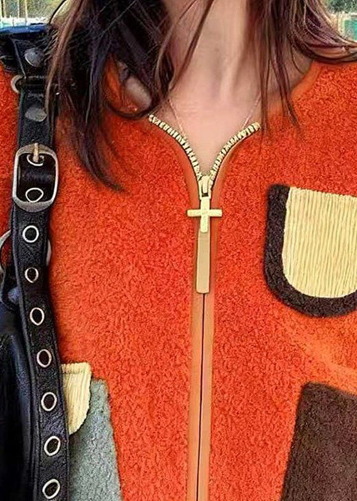 Orange Zip Up Pockets Faux Fur Jacket Spring