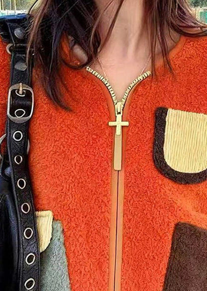 Orange Zip Up Pockets Faux Fur Jacket Spring