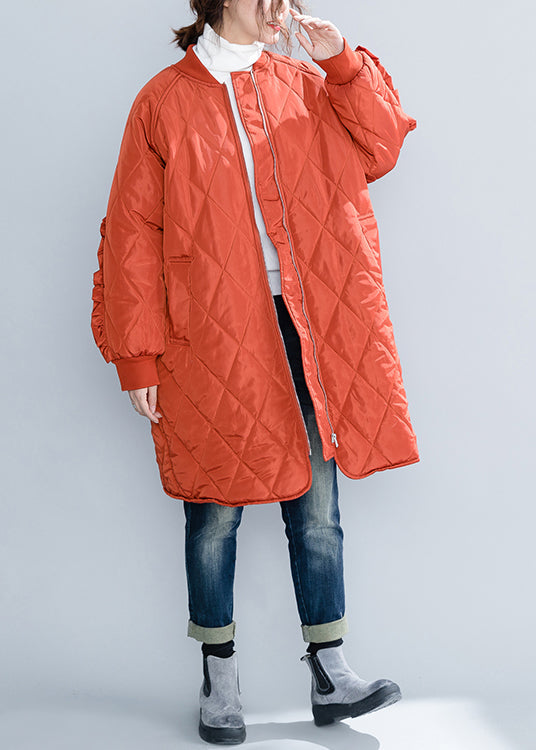 Orange Zip Up Pockets Ruffled Patchwork Cotton Filled Coats Winter