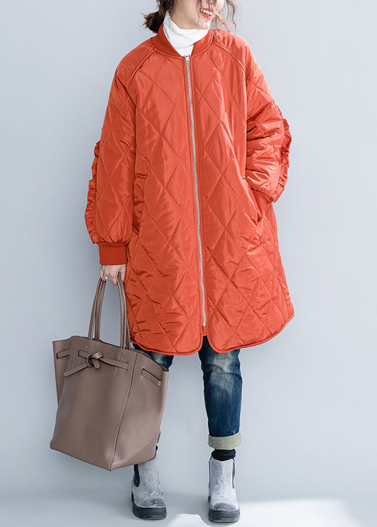 Orange Zip Up Pockets Ruffled Patchwork Cotton Filled Coats Winter