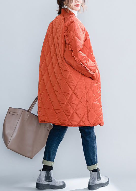 Orange Zip Up Pockets Ruffled Patchwork Cotton Filled Coats Winter