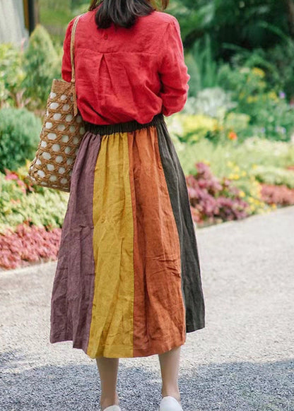 Orange Elastic Waist Patchwork Linen a Line Skirt Spring