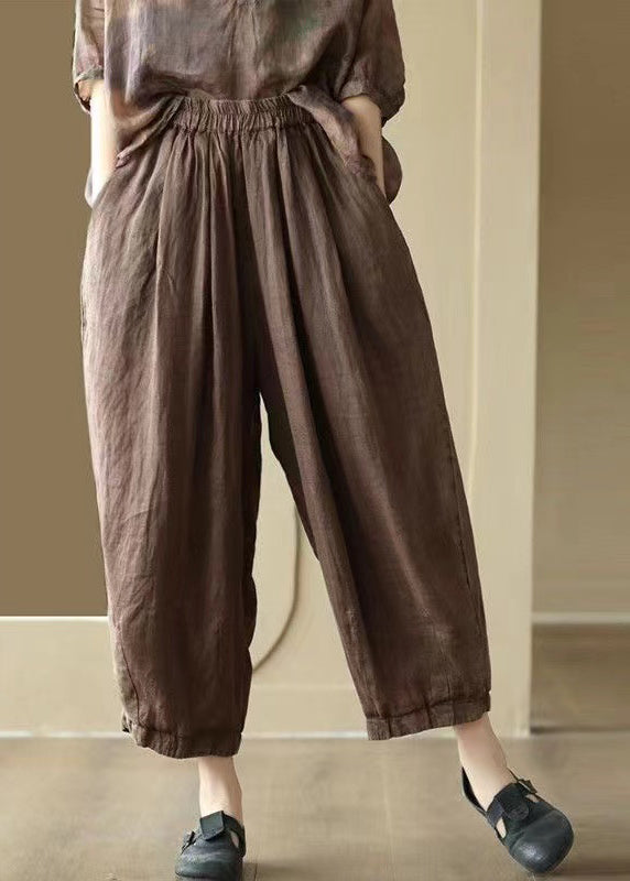 Original Coffee Pockets Elastic Waist Linen Crop Pants Summer