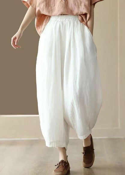 Original Coffee Pockets Elastic Waist Linen Crop Pants Summer