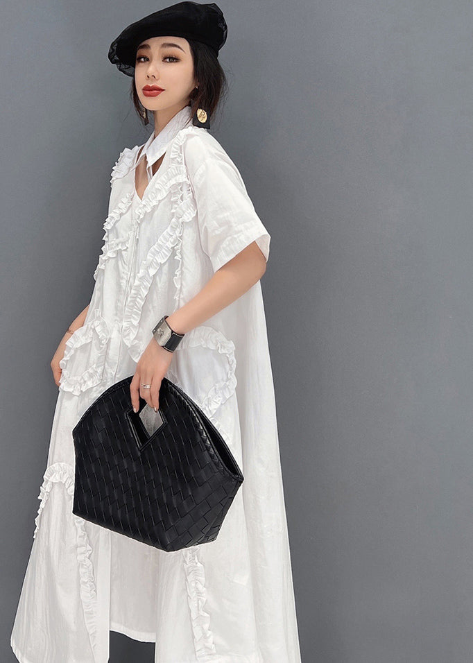 Original White Asymmetrical Design Ruffled Cotton Shirt Dress Short Sleeve