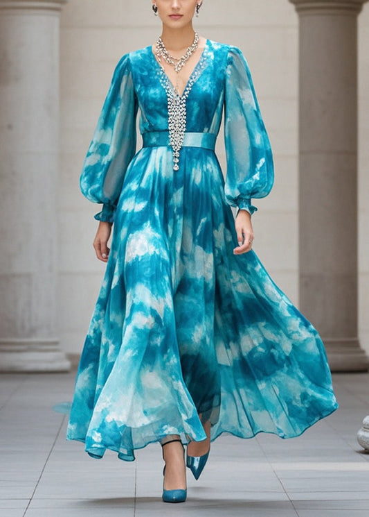 Peacock Blue Cinched Tie Dye Chiffon Ankle Dress Fall