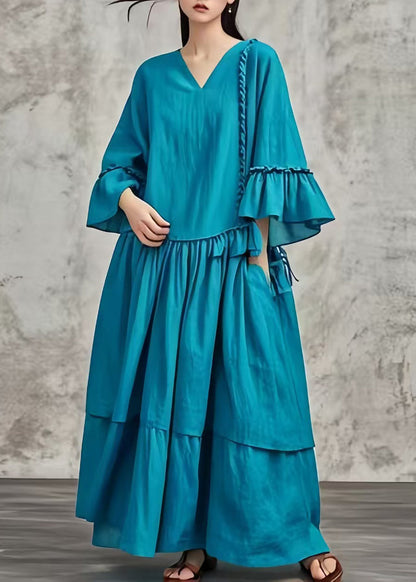 Peacock Blue Oversized Patchwork Cotton Maxi Dresses Fall