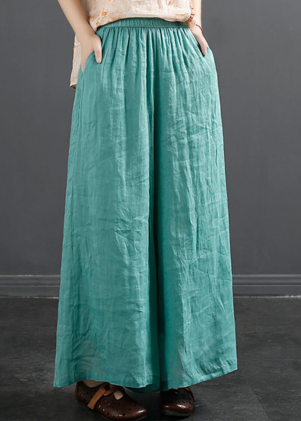 Peacock Blue Pockets Elastic Waist Linen Wide Leg Pants Fall