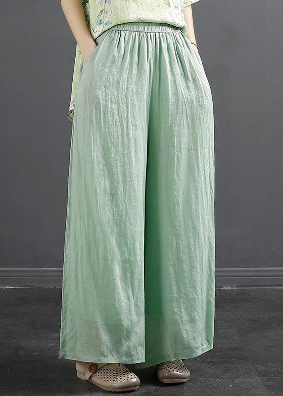 Peacock Blue Pockets Elastic Waist Linen Wide Leg Pants Fall