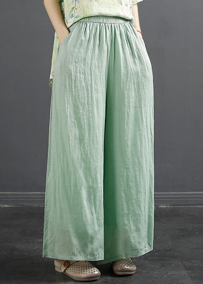 Peacock Blue Pockets Elastic Waist Linen Wide Leg Pants Fall