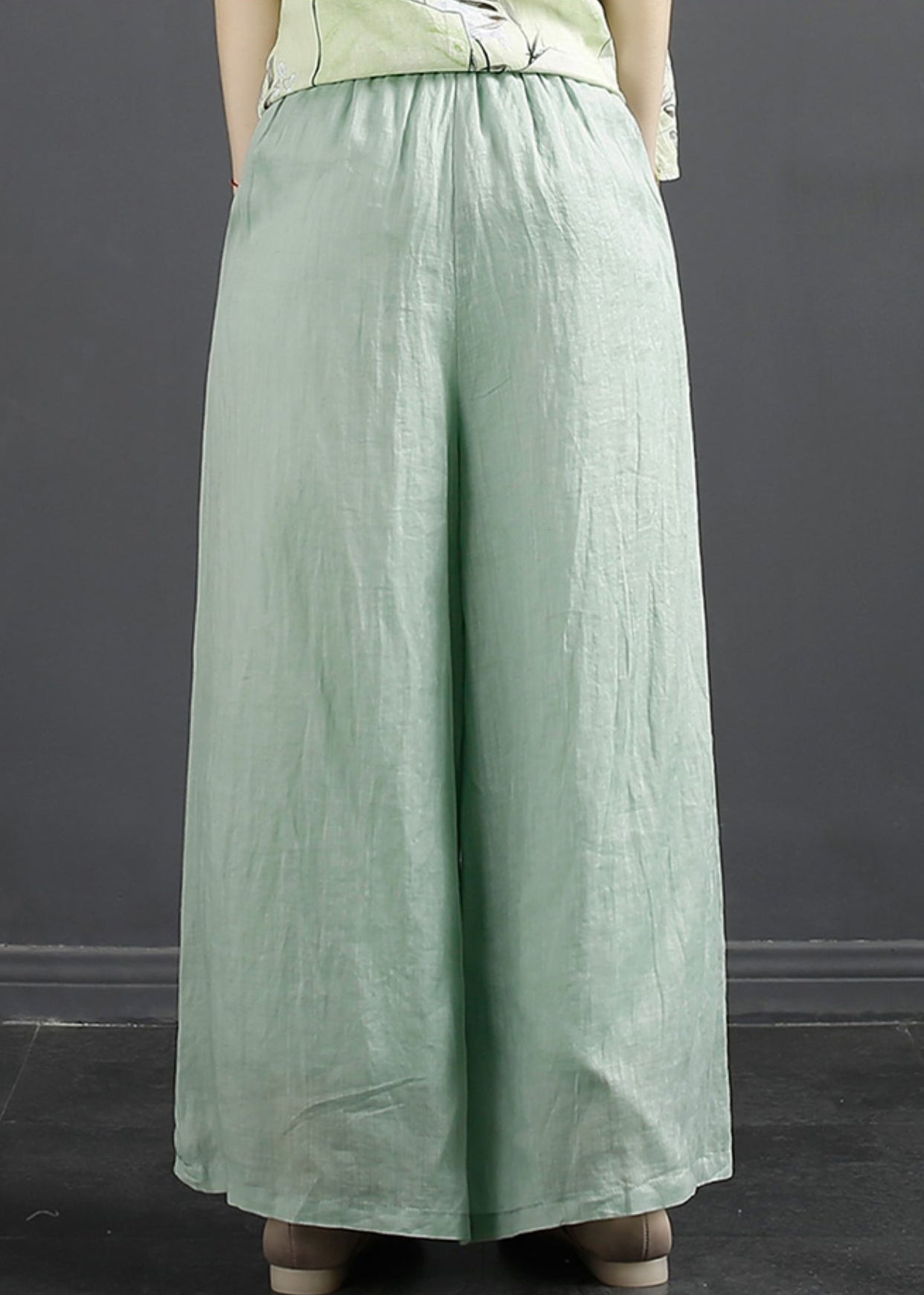 Peacock Blue Pockets Elastic Waist Linen Wide Leg Pants Fall