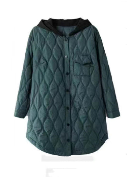 Peacock Green Hooded Pockets Cotton Filled Coats Winter