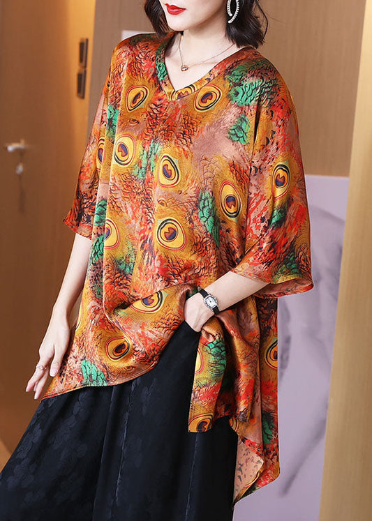 Peacock Print V Neck Patchwork Silk Shirt Top Summer