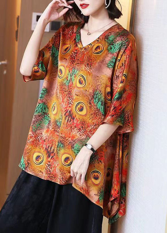 Peacock Print V Neck Patchwork Silk Shirt Top Summer