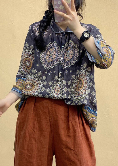 Plus Size Peter Pan Collar Print Button Linen Shirt Tops Long sleeve