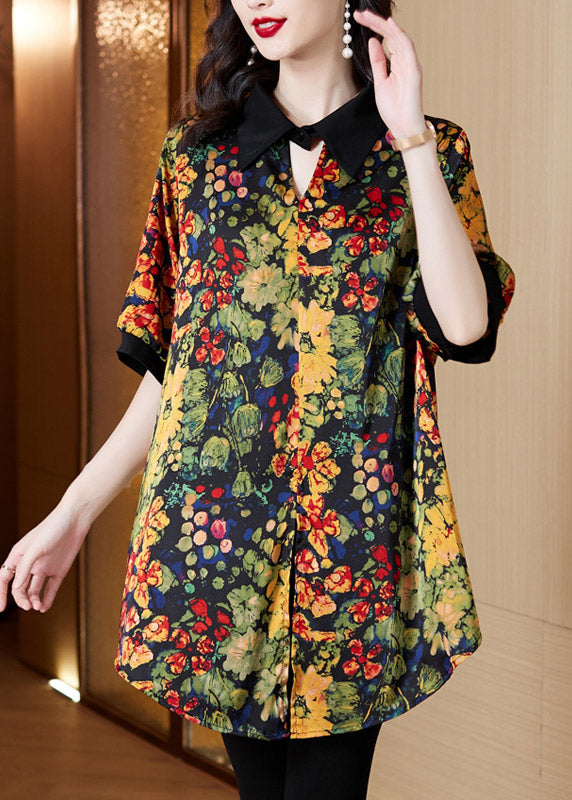 Peter Pan Collar Print Button Low High Design Shirts Short Sleeve
