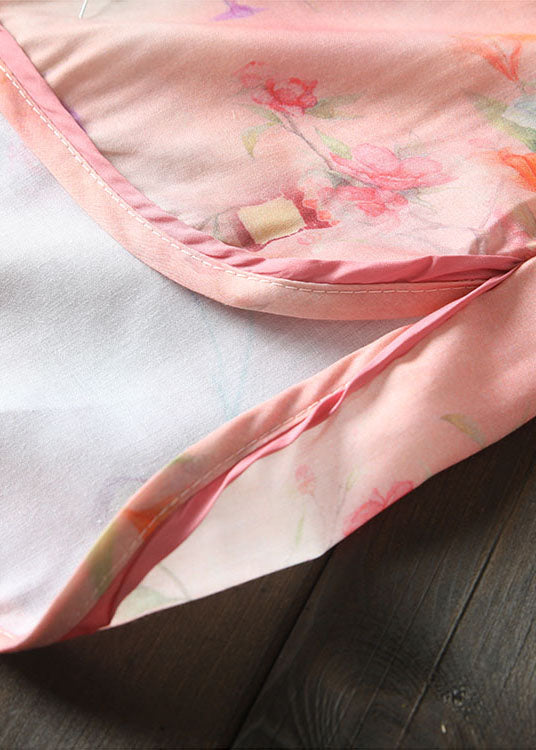 Pink Asymmetrical Print Cotton Linen Blouse Tops Bracelet Sleeve