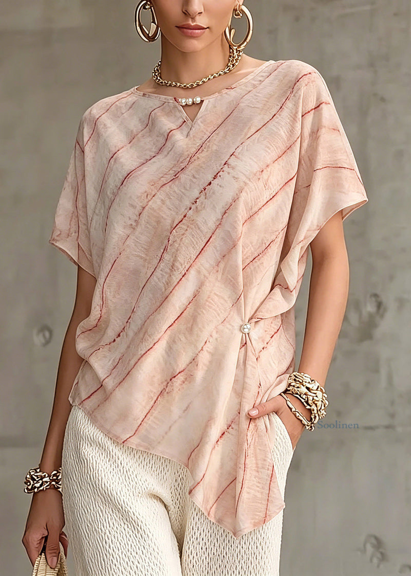 Pink Asymmetrical Striped Chiffon Tops Short Sleeve