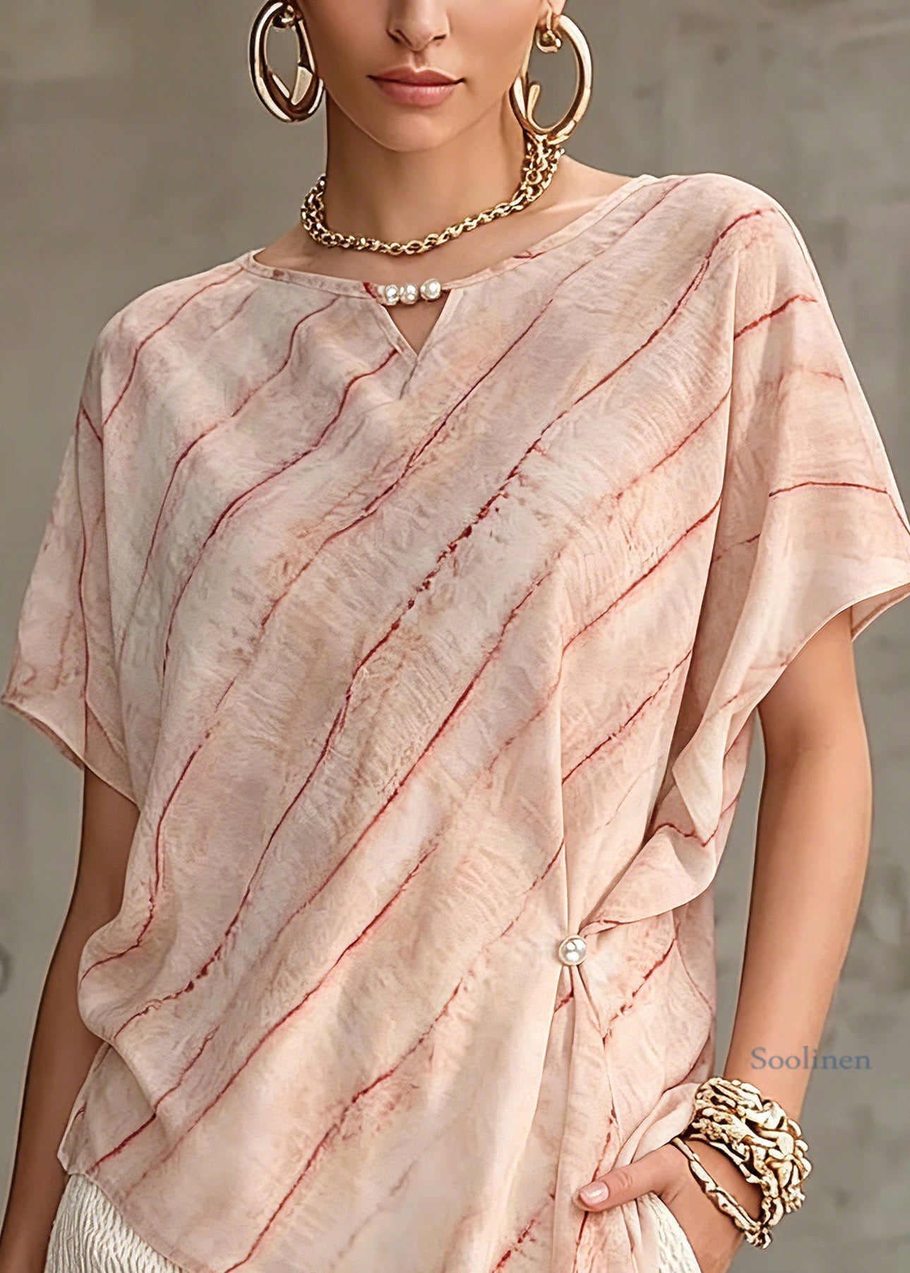 Pink Asymmetrical Striped Chiffon Tops Short Sleeve