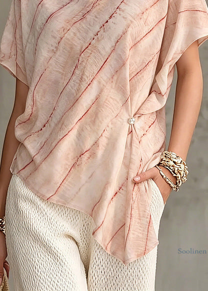 Pink Asymmetrical Striped Chiffon Tops Short Sleeve