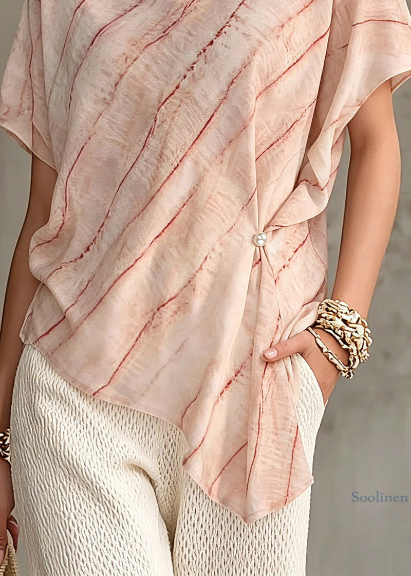 Pink Asymmetrical Striped Chiffon Tops Short Sleeve