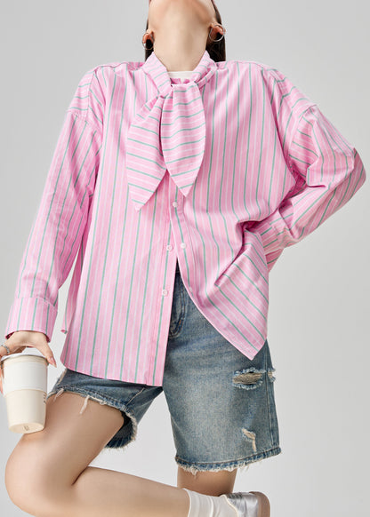 Plus Size Pink Bow Striped Button Cotton Blouse Fall