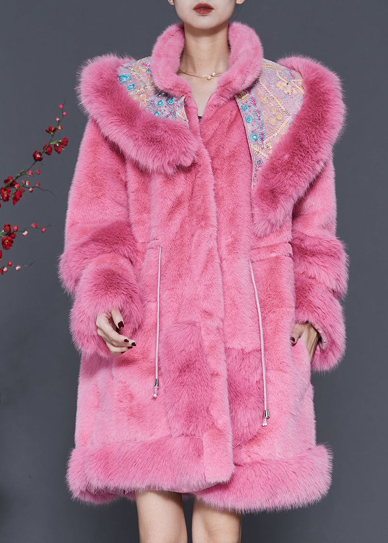 Pink Embroideried Drawstring Mink Velvet Coat Outwear Spring