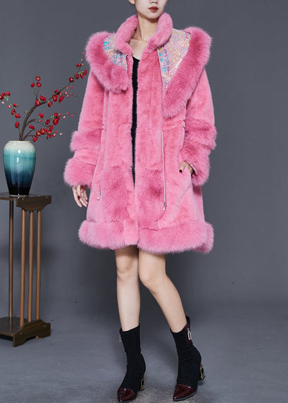 Pink Embroideried Drawstring Mink Velvet Coat Outwear Spring