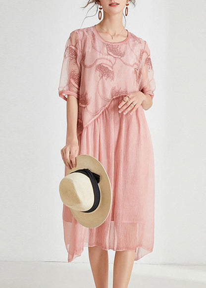 Pink Embroideried Chiffon Maxi Dress Short Sleeve