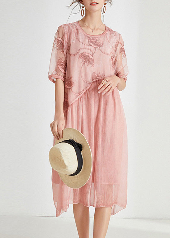 Pink Embroideried Chiffon Maxi Dress Short Sleeve