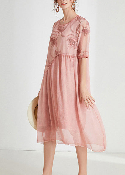 Pink Embroideried Chiffon Maxi Dress Short Sleeve