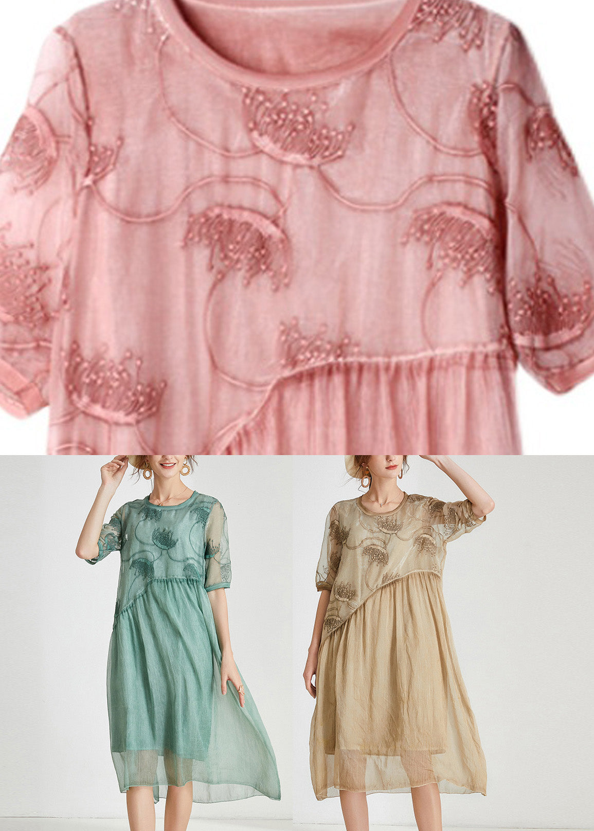 Pink Embroideried Chiffon Maxi Dress Short Sleeve