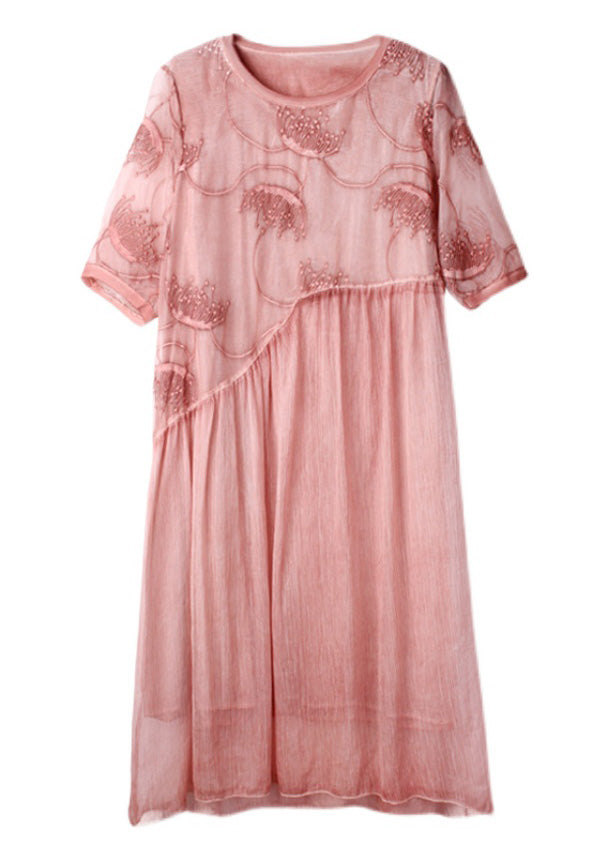Pink Embroideried Chiffon Maxi Dress Short Sleeve