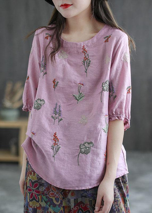 Pink Embroideried O-neck Half Sleeve Ramie Blouses Summer
