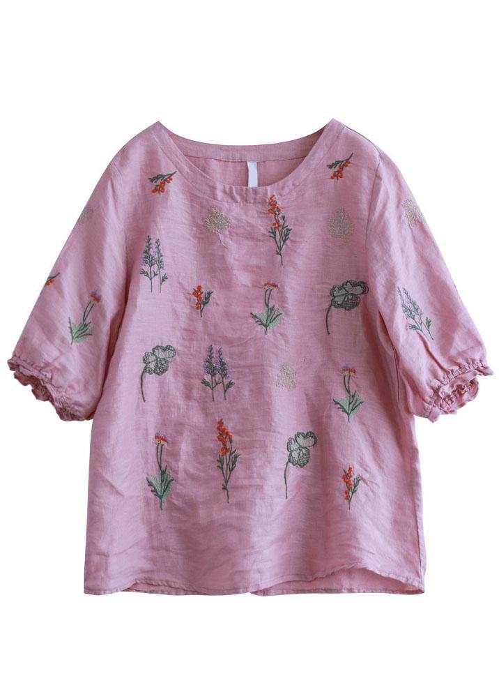 Pink Embroideried O-neck Half Sleeve Ramie Blouses Summer