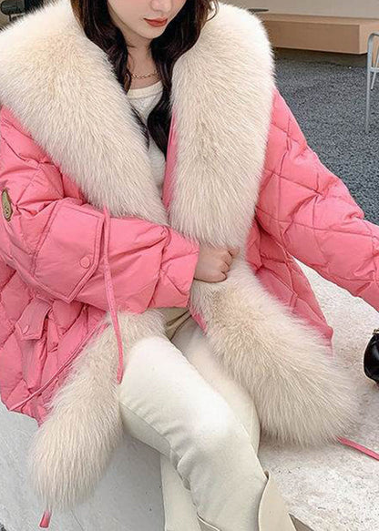 Pink Fur Collar Pockets Plaid Patchwork Parka Long Sleeve