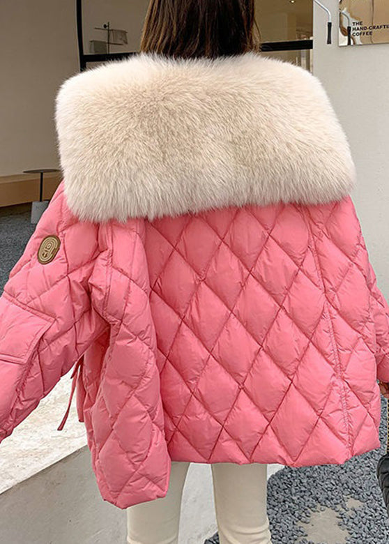 Pink Fur Collar Pockets Plaid Patchwork Parka Long Sleeve
