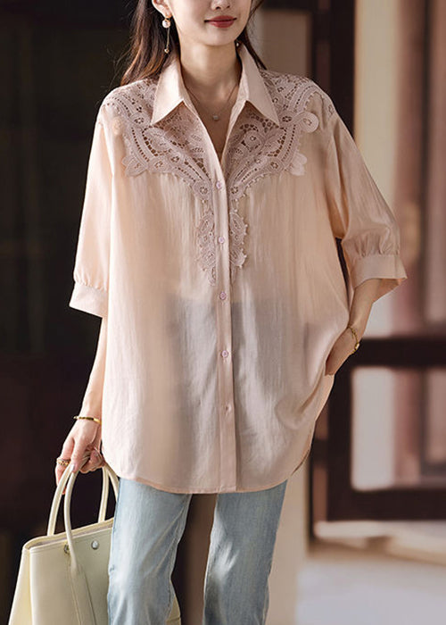 Pink Hollow Out Lace Patchwork Cotton Blouse Fall
