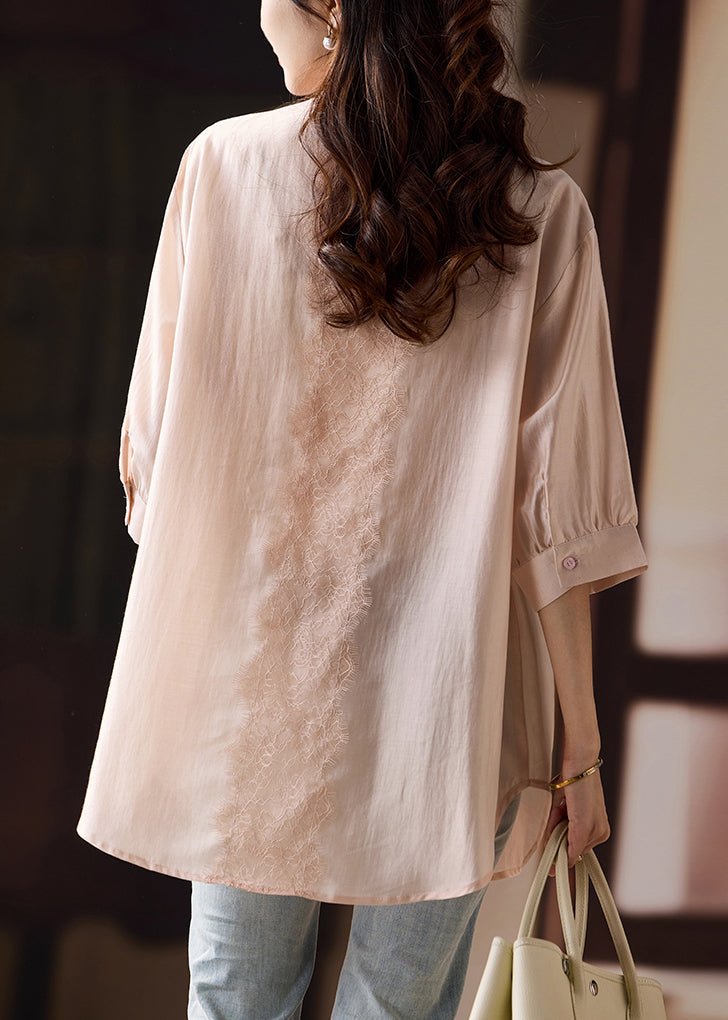 Pink Hollow Out Lace Patchwork Cotton Blouse Fall