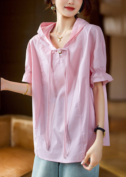 Pink Hooded Chinese Button Cotton T Shirt Summer