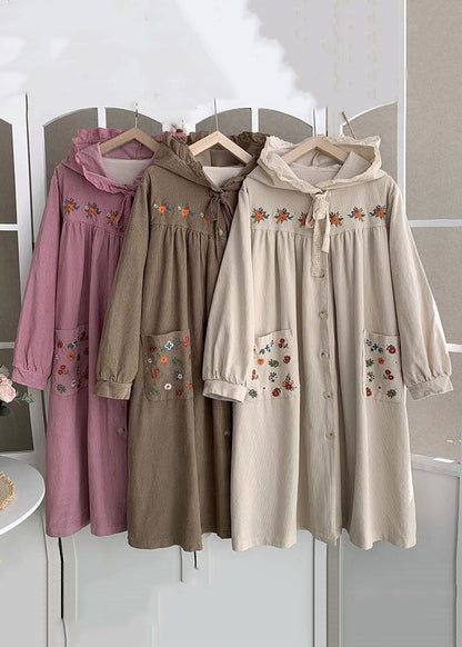 Pink Hooded Embroideried Lace Up Cotton Long Coats Spring