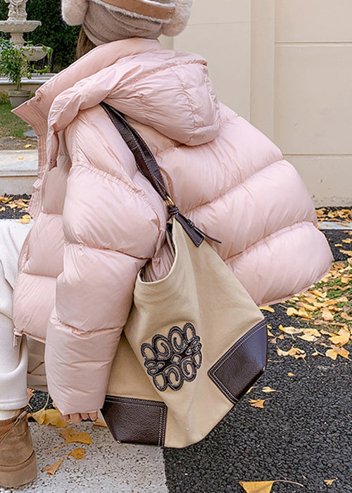 Pink Hooded Zippered Pockets Duck Down Down Coat Winter