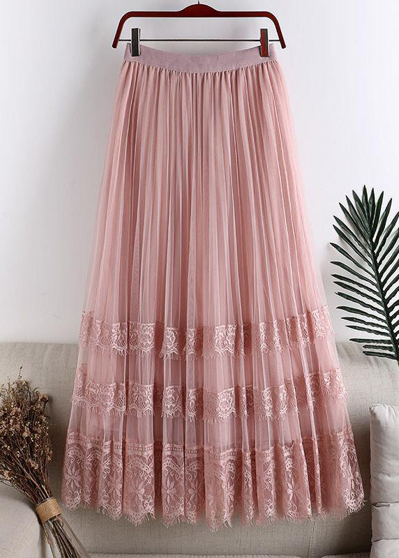 Pink Lace Patchwork Tulle Maxi Skirt Summer