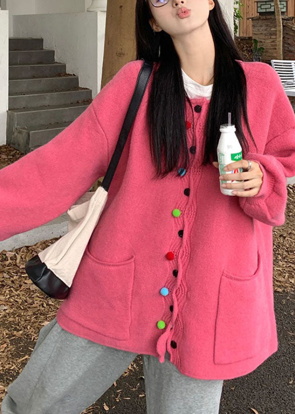 Pink O-neck Button Cotton Knit Sweaters Coats Fall