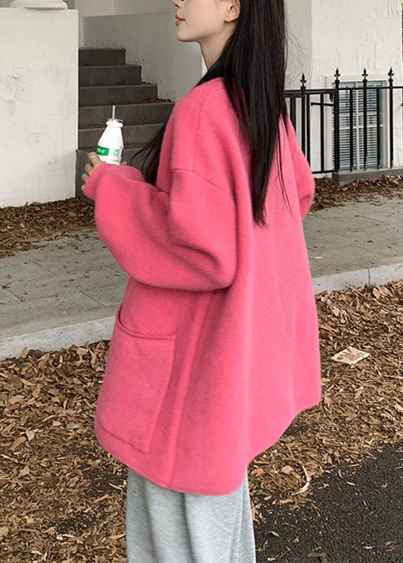 Pink O-neck Button Cotton Knit Sweaters Coats Fall