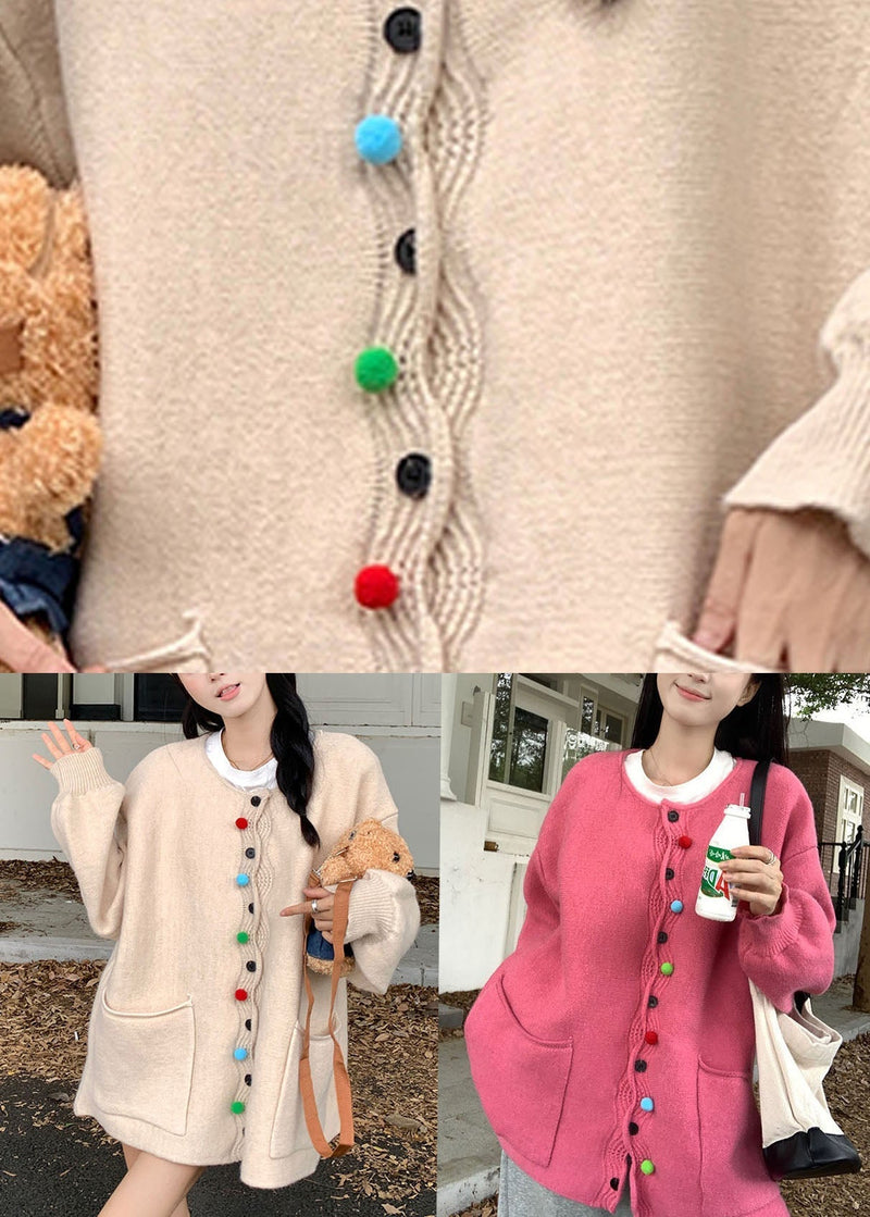 Pink O-neck Button Cotton Knit Sweaters Coats Fall